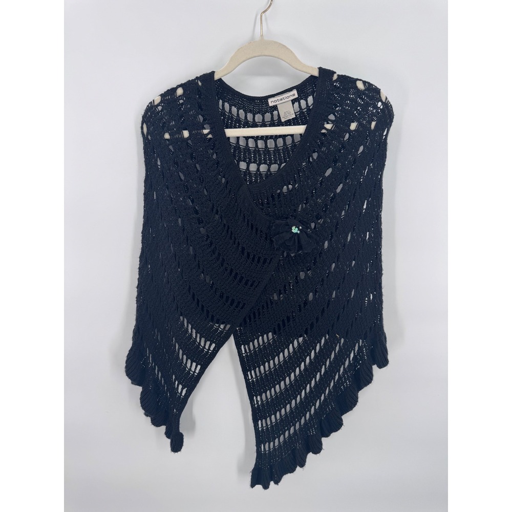 Vintage Crochet Sweater Vest Black Ruffle Flower Open Knit Coquette OSFM New
